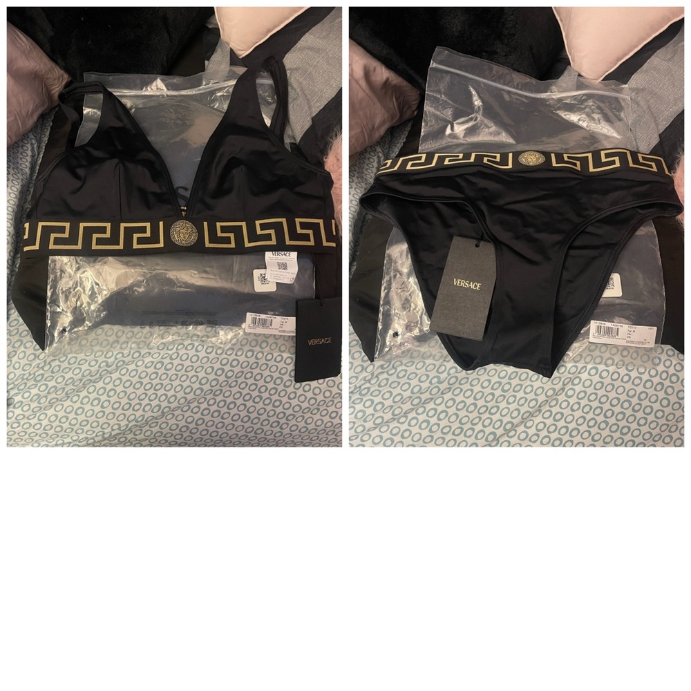 Versace Black Briefs & Bralette set with Gold Greek Key